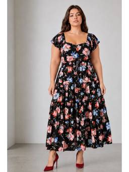 Virgio - Black Floral Viscose Maxi Tiered Plus Size Dress