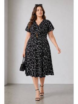 Virgio - Black Abstract Viscose Fit and Flare Midi Plus Size Dress