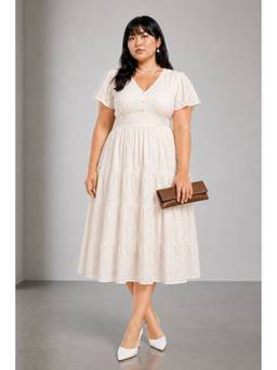 Virgio - Off White Embroidered Cotton Tiered Schiffli Midi Plus Size Dress