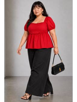 Virgio - Red Solid Cotton Peplum Plus Size Top