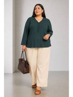 Virgio - Green Solid Rayon V Neck Plus Size Top