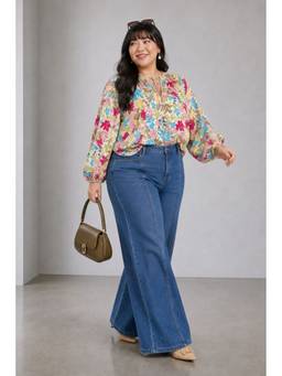 Virgio - Multi-Color Botanical Cotton Ruffle Split Plus Size Top