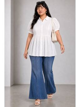 Virgio - White Embroidered Cotton Schiffli Peplum Collared Plus Size Top