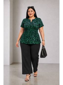 Virgio - Green Tropical Viscose Fitted Waist Peplum Plus Size Top