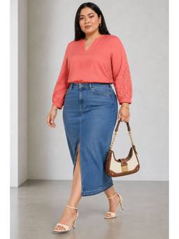 Virgio - Coral Solid Viscose Lace Insert Plus Size Top