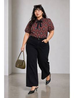 Virgio - Red Ajrakh Print Viscose Printed Mandarin Neck Plus Size Top