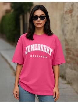 JUNEBERRY - Women Pink Typography Pure Cotton Oversized T-shirt