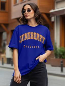 JUNEBERRY - Women Blue Typography Pure Cotton Oversized T-shirt