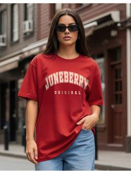 JUNEBERRY - Women Typography Round Neck Cotton Oversized T-shirt