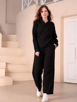 Kvetoo - Black Women's Winter Ribbed Knit Collared Neck Co-Ord