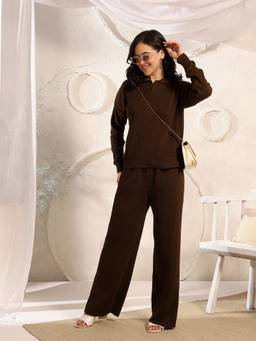 Kvetoo - Brown Women's Winter Ribbed Knit Collared Neck Co-Ord