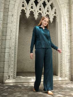 Kvetoo - Teal Women's Winter Ribbed Knit Collared Neck Co-Ord