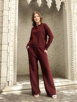 Kvetoo - Wine Women's Winter Ribbed Knit Collared Neck Co-Ord