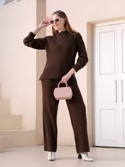 Kvetoo - Brown Women Cable Knit Wool Blend Winter Co-Ord