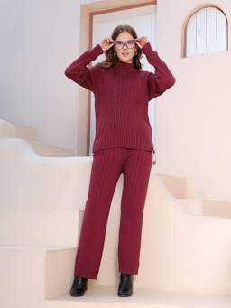 Kvetoo - Maroon Women Cable Knit Wool Blend Winter Co-Ord