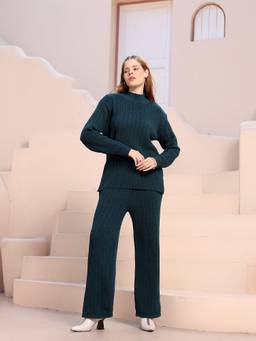Kvetoo - Teal Women Cable Knit Wool Blend Winter Co-Ord