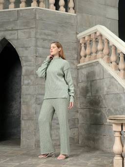 Kvetoo - Green Women Cable Knit Wool Blend Winter Co-Ord