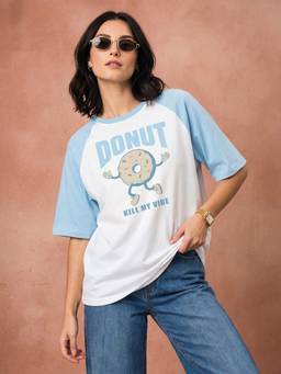 JUNEBERRY - Light Blue Donut Typography Oversized Cotton T-Shirt