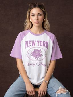 JUNEBERRY - Purple New York Typography Oversized Cotton T-Shirt