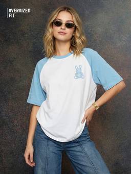 JUNEBERRY - Light Blue Teddy Printed Oversized Cotton T-Shirt