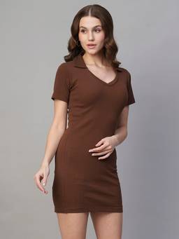 PRONK - Brown Ribbed Half Sleeve Collared Bodycon Dress