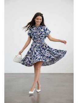 Virgio - Blue Tropical Viscose Printed Shirt Dress