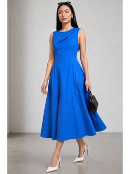 Virgio - Blue Solid Viscose Slub Draped Maxi Dress