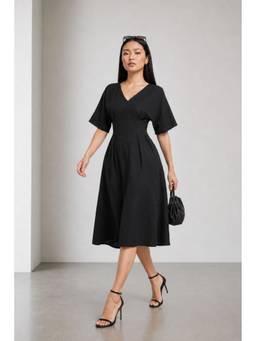 Virgio - Black Solid Cotton Fit Flare Vneck Midi Dress