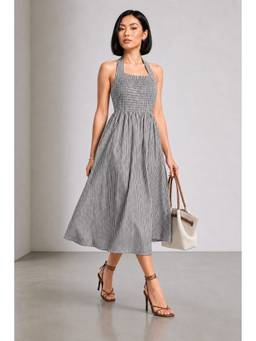Virgio - Grey Striped Cotton Halter Neck Pleated Dress