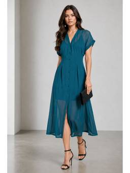 Virgio - Teal Solid Teal Button Down Viscose Georgette Dress
