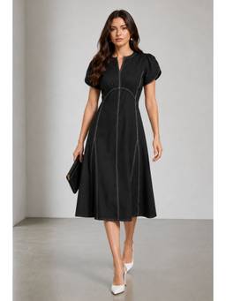 Virgio - Black Solid Black Twill Midi Dress