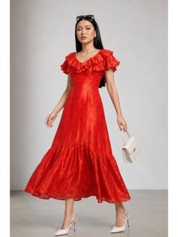 Virgio - Red Solid Ruffle Detail Maxi Dress