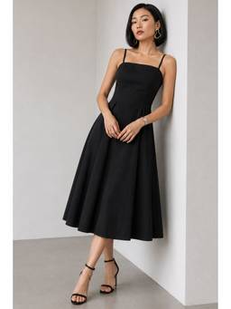 Virgio - Black Solid Cotton Strappy Flared Midi Dress
