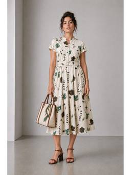 Virgio - Off White Printed Cotton Mandarin Collar Belted Midi Dress