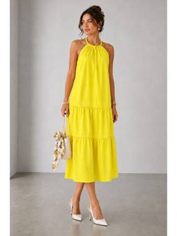Virgio - Yellow Solid Cotton Halter Neck Midi Dress