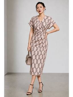 Virgio - Pink Geometric Viscose Wrap Midi Dress