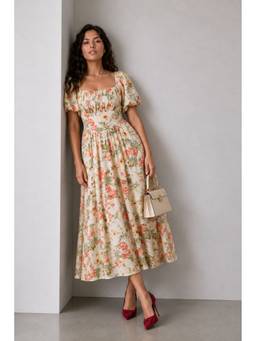 Virgio - White Printed Viscose Square Neck Puff Sleeve Midi Dress