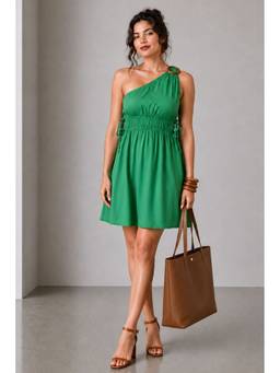 Virgio - Green Solid Viscose One Shoulder Fit Flare Mini Dress