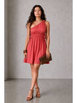 Virgio - Pink Solid Viscose One Shoulder Fit Flare Mini Dress