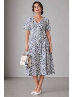 Virgio - Blue Printed Cotton Fit Flare V-Neck Midi Dress