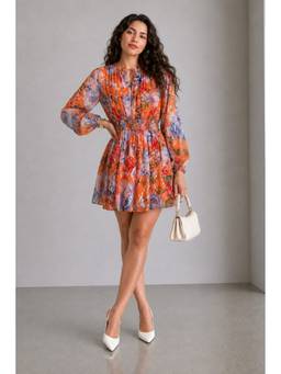 Virgio - Multi-Color Printed Viscose Smocked Waist Mini Dress