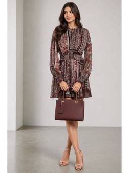 Virgio - Brown Printed Viscose Smocked Waist Mini Dress