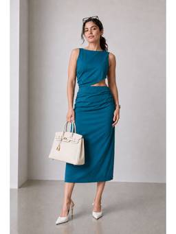 Virgio - Teal Solid Linen Boat Neck Waist Cutout Midi Dress