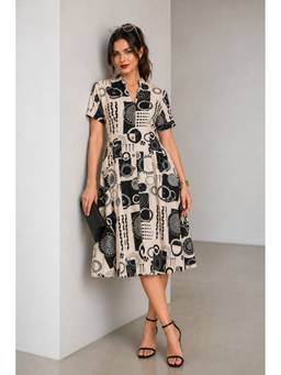 Virgio - Off White Printed Cotton V-Neck Panelled Midi Dress