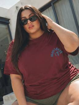 RIGO - Women Plus Size Maroon Relaxed Fit Typography Cotton Round Neck T-Shirt