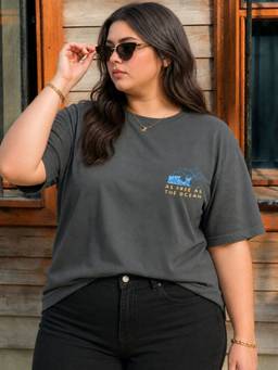 RIGO - Women Plus Size Dark Grey Relaxed Fit Cotton Round Neck Casual T-Shirt