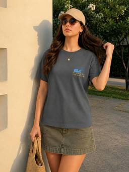 RIGO - Women Dark Grey Regular Fit Typography Cotton Round Neck Casual T-Shirt