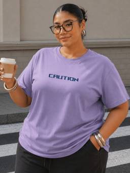 RIGO - Women Plus Size Light Purple Relaxed Fit Typography Cotton T-Shirt