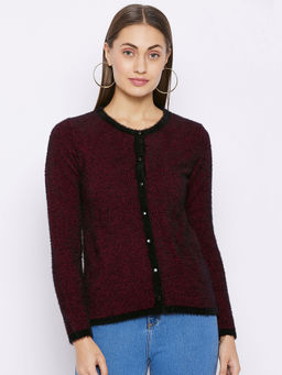 Madame - Woven Round Neck Casual Women Maroon Sweater