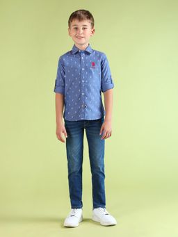 U.S. POLO ASSN. - Boys Cotton Woven Regular Fit Blue Shirt